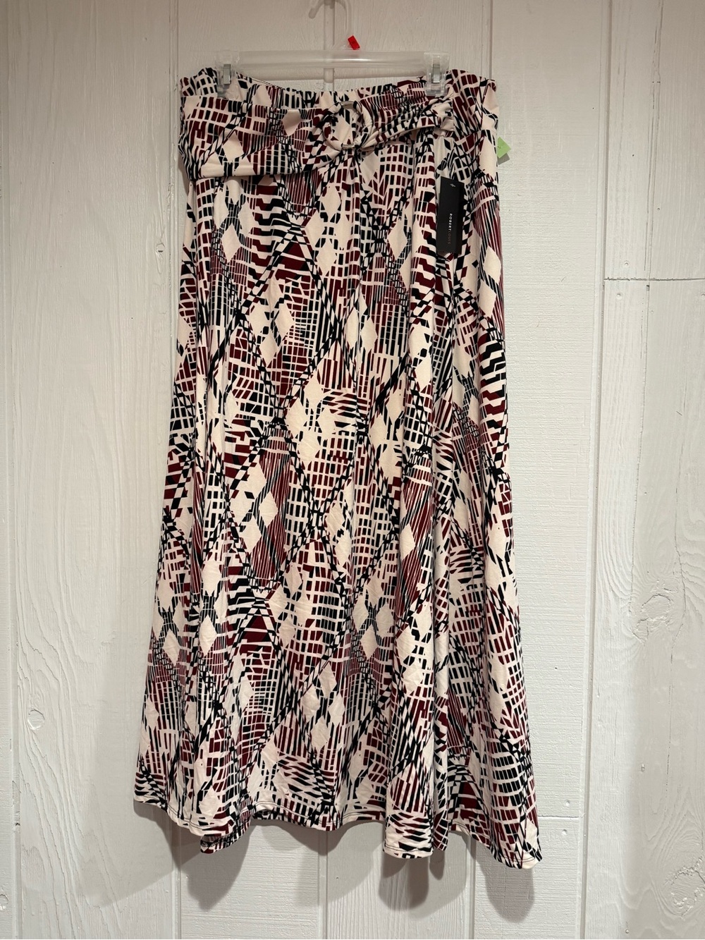 Robert Louis Cream, Black & Burgundy Abstract A-Line Midi Skirt